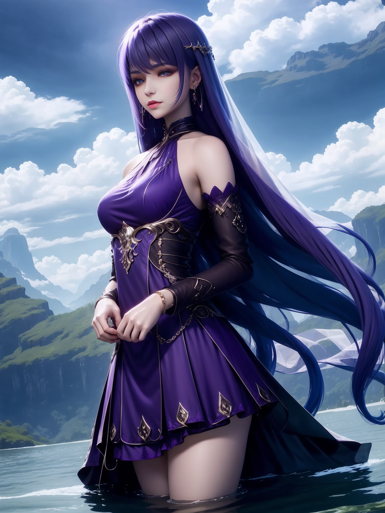 00019-3449228618-_lora_Saint Cher_20230819122004_0.75_,Saint Cher, 1girl, dress, water, solo, purple eyes,long hair, purple dress, sky,outdoors,.png